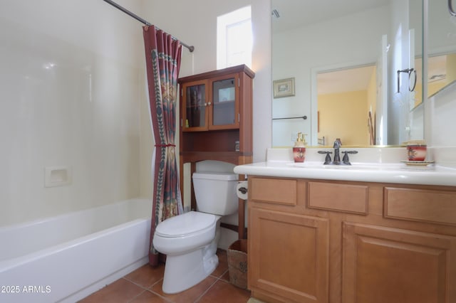 full bathroom featuring vanity, shower / tub combo, tile patterned floors, and toilet