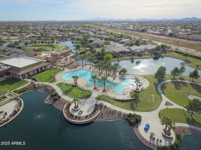 drone / aerial view featuring a water view