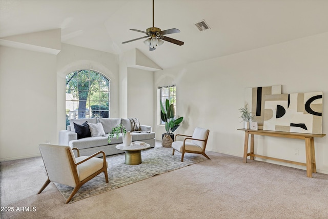 9 E Los Arboles Cir, Tempe, AZ 85284 - living area featuring carpet floors, a ceiling fan, high vaulted ceiling, and baseboards