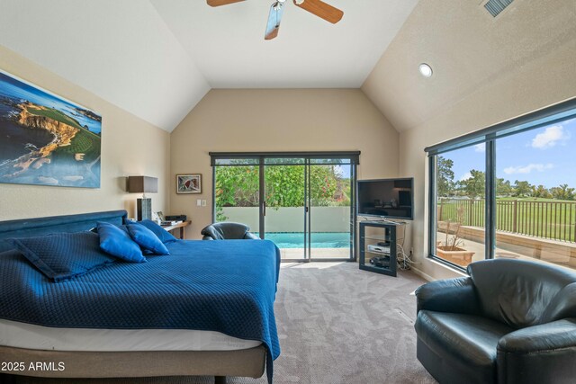 3033 E Claremont Ave, Phoenix, AZ 85016 - bedroom featuring access to exterior, carpet flooring, a ceiling fan, and lofted ceiling