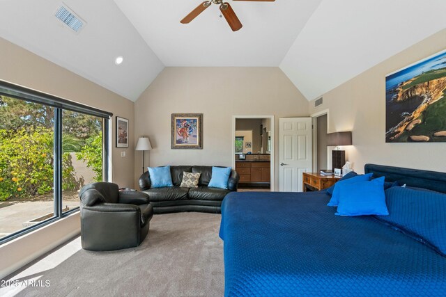 3033 E Claremont Ave, Phoenix, AZ 85016 - bedroom with ceiling fan, ensuite bath, visible vents, carpet floors, and lofted ceiling