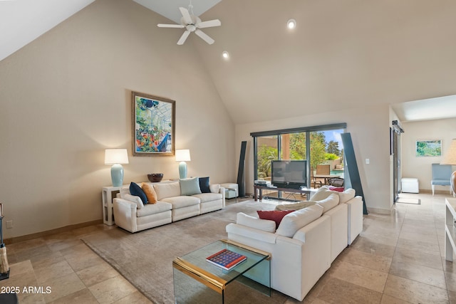 3033 E Claremont Ave, Phoenix, AZ 85016 - living room with ceiling fan, high vaulted ceiling, and baseboards