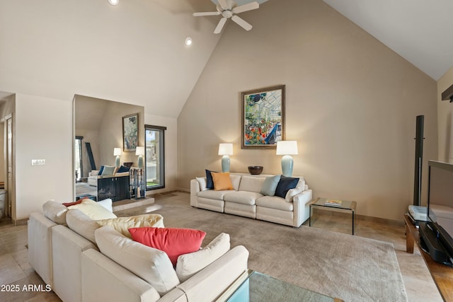 3033 E Claremont Ave, Phoenix, AZ 85016 - living area with recessed lighting, ceiling fan, high vaulted ceiling, and baseboards