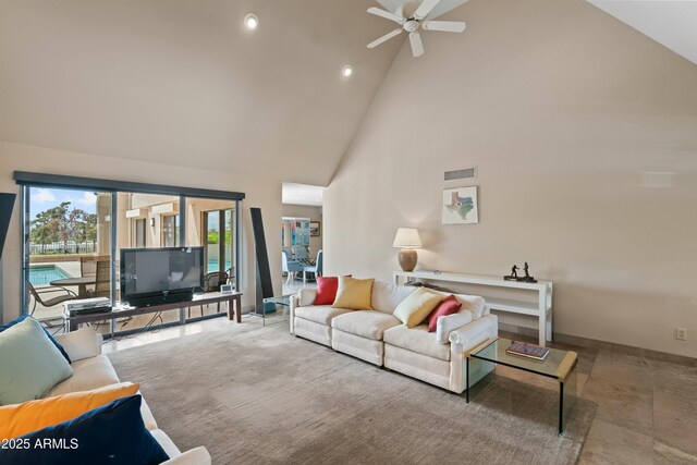 3033 E Claremont Ave, Phoenix, AZ 85016 - living area featuring high vaulted ceiling, a ceiling fan, and visible vents