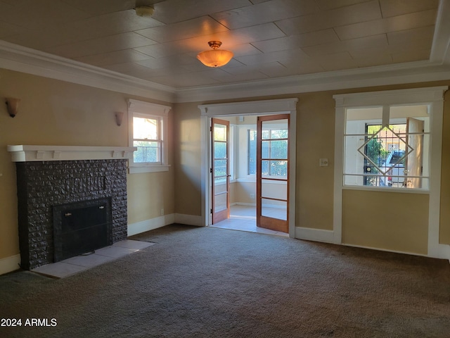 11 Black Knob Vw, Bisbee, AZ 85603 - unfurnished living room featuring crown molding, carpet floors, a fireplace, and baseboards