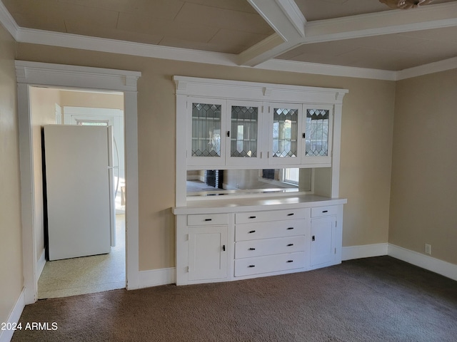 11 Black Knob Vw, Bisbee, AZ 85603 - bar with freestanding refrigerator, dark colored carpet, baseboards, ornamental molding, and beam ceiling