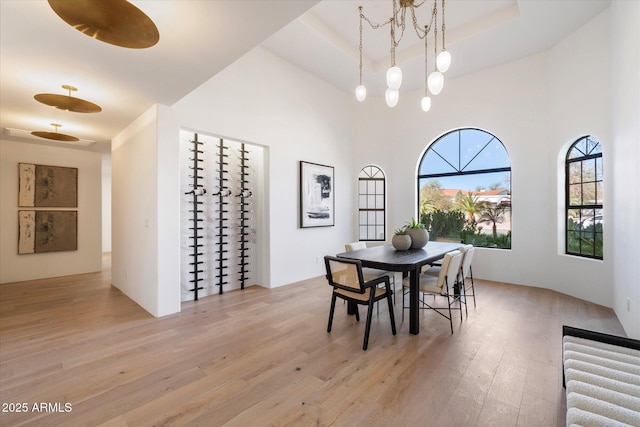 10541 E Windrose Dr, Scottsdale, AZ 85259 - dining area featuring a tray ceiling and light wood-style flooring