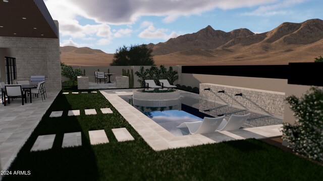 view of pool featuring a mountain view and a patio