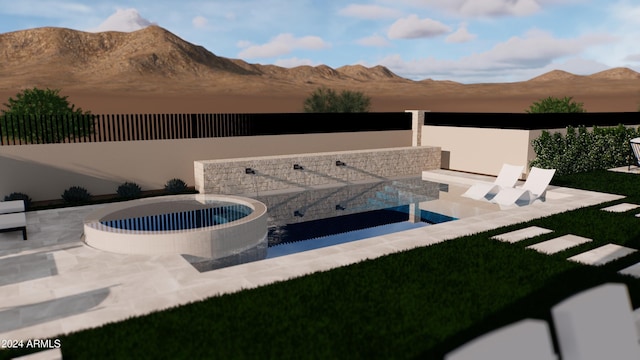 view of patio / terrace featuring a mountain view and a hot tub