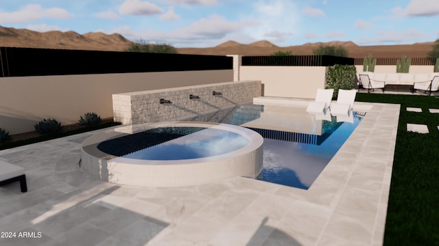 view of swimming pool featuring an in ground hot tub and a patio