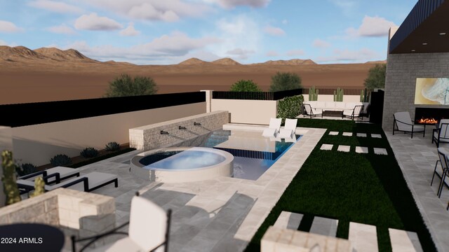 view of patio / terrace with a mountain view, a swimming pool with hot tub, and an outdoor hangout area