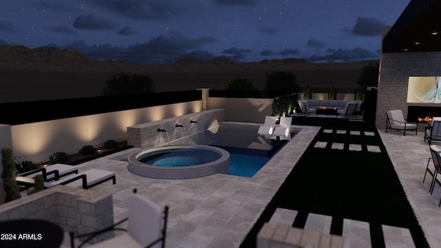 pool at twilight with an in ground hot tub, an outdoor hangout area, and a patio area