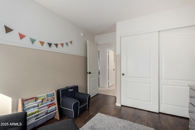 interior space with dark wood-style floors and a closet