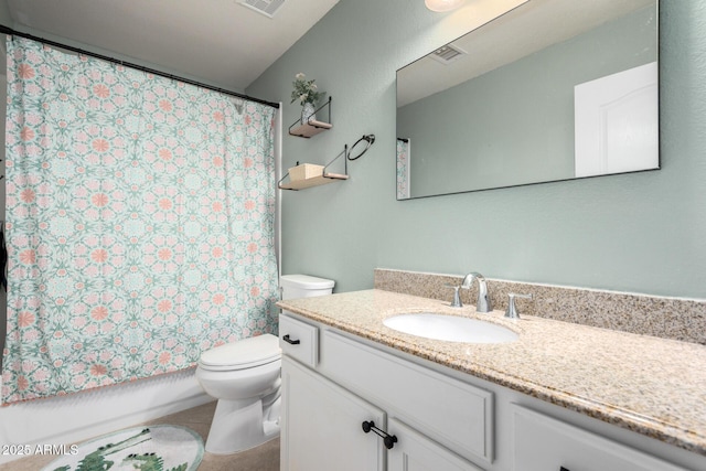 full bathroom featuring toilet, tile patterned flooring, visible vents, and vanity