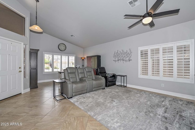 1623 E Runion Dr, Phoenix, AZ 85024 - living area featuring a ceiling fan, vaulted ceiling, and baseboards