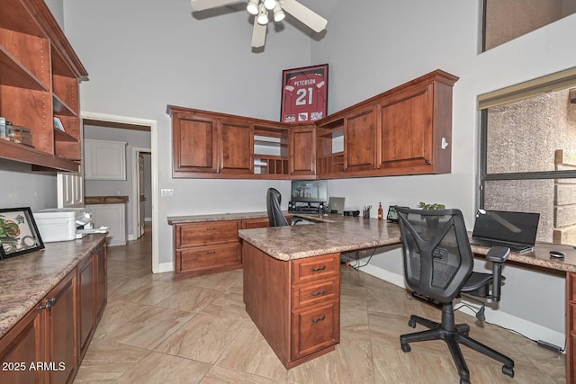 1623 E Runion Dr, Phoenix, AZ 85024 - office space featuring high vaulted ceiling, built in desk, a ceiling fan, and baseboards