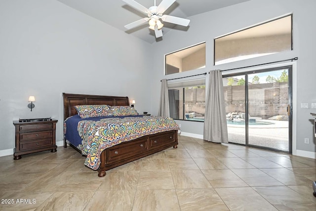 1623 E Runion Dr, Phoenix, AZ 85024 - bedroom with high vaulted ceiling, access to outside, baseboards, and ceiling fan