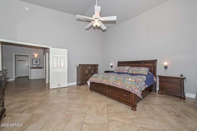 1623 E Runion Dr, Phoenix, AZ 85024 - bedroom with high vaulted ceiling, baseboards, and a ceiling fan