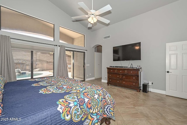 1623 E Runion Dr, Phoenix, AZ 85024 - bedroom with access to outside, arched walkways, baseboards, high vaulted ceiling, and ceiling fan