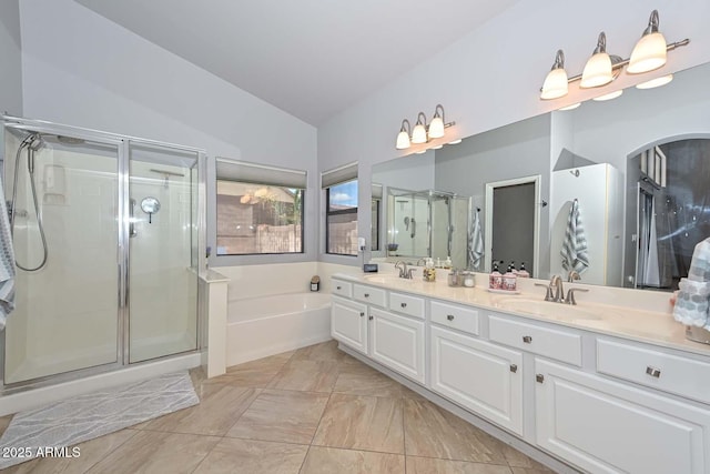 1623 E Runion Dr, Phoenix, AZ 85024 - bathroom with a shower stall, a garden tub, lofted ceiling, and double vanity