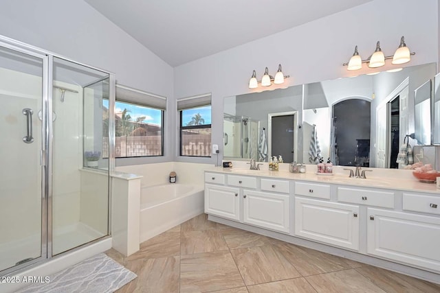 1623 E Runion Dr, Phoenix, AZ 85024 - full bath featuring a shower stall, a bath, double vanity, and marble finish flooring