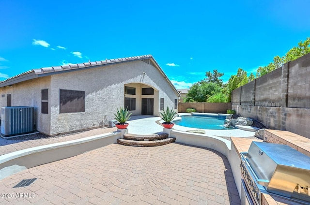1623 E Runion Dr, Phoenix, AZ 85024 - view of swimming pool with cooling unit, a patio area, a grill, and a fenced backyard