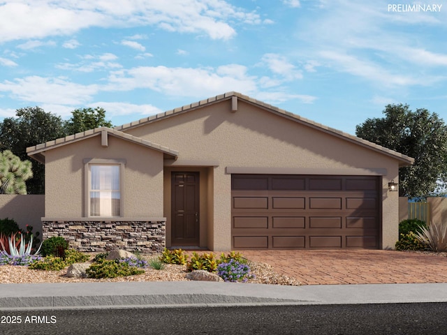 ranch-style home with an attached garage, stone siding, decorative driveway, and stucco siding