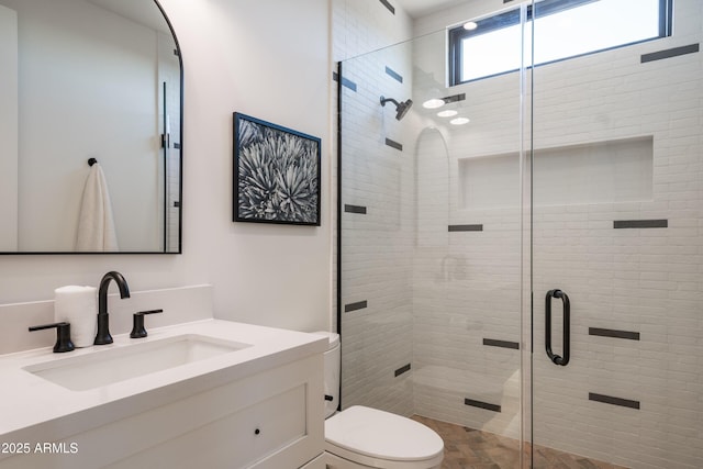 full bathroom featuring vanity, a shower stall, and toilet