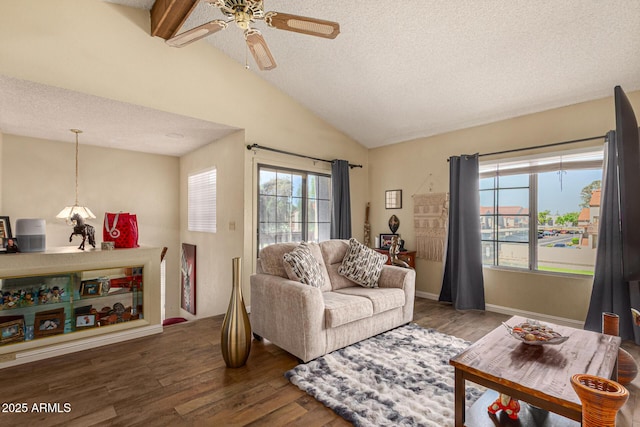 839 S Westwood Unit 287, Mesa, AZ 85210 - living room featuring lofted ceiling, a textured ceiling, wood finished floors, and a ceiling fan
