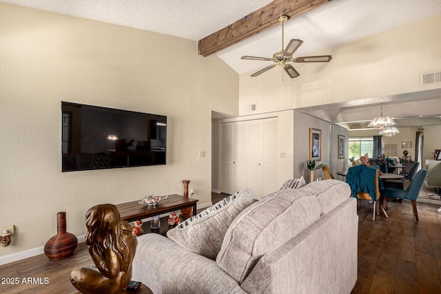 839 S Westwood Unit 287, Mesa, AZ 85210 - living room featuring ceiling fan, dark wood-style flooring, beam ceiling, a textured ceiling, and baseboards
