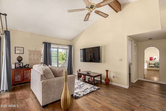 839 S Westwood Unit 287, Mesa, AZ 85210 - living area featuring wood finished floors, ceiling fan, baseboards, arched walkways, and high vaulted ceiling