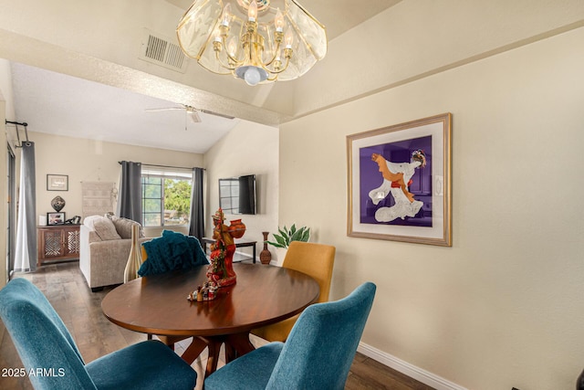 839 S Westwood Unit 287, Mesa, AZ 85210 - dining room featuring wood finished floors, baseboards, a chandelier, vaulted ceiling, and ceiling fan