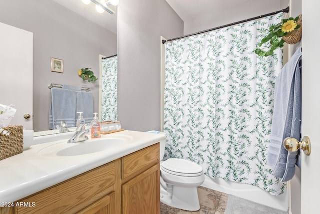 full bathroom with vanity, toilet, shower / bath combo, and tile patterned flooring