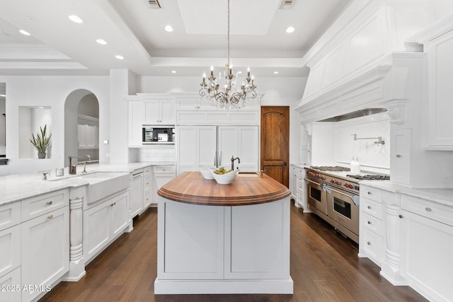 kitchen with decorative backsplash, double oven range, white cabinetry, and a raised ceiling