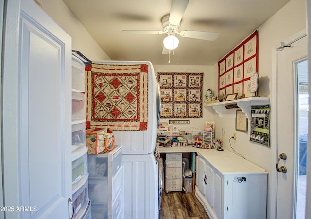 kitchen with white cabinets, dark hardwood / wood-style flooring, and ceiling fan