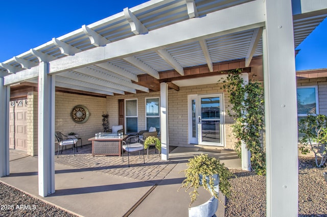 view of patio with an outdoor hangout area and a pergola