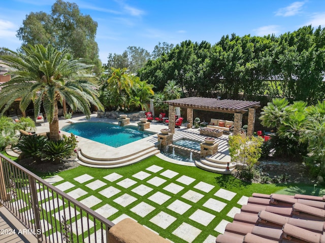 pool with a patio area, a lawn, an outdoor hangout area, and a pergola