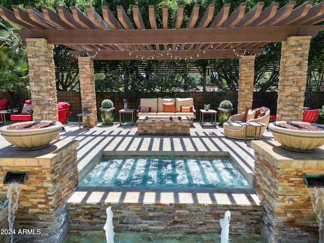 exterior space featuring fence, an outdoor living space, and a pergola