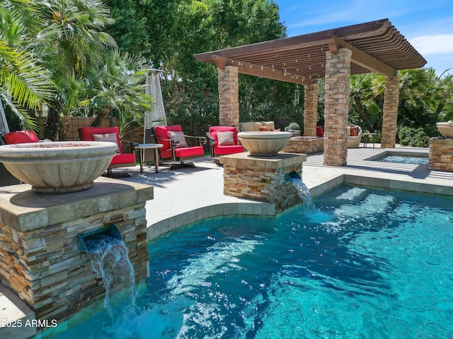 view of pool featuring a patio area, a fenced in pool, and a pergola