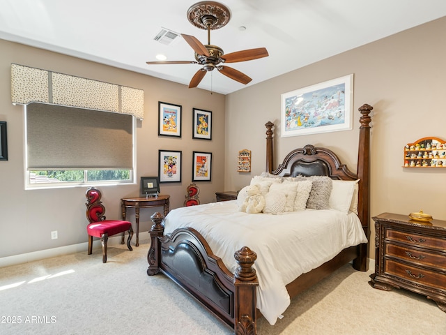 bedroom featuring carpet floors, visible vents, baseboards, and a ceiling fan