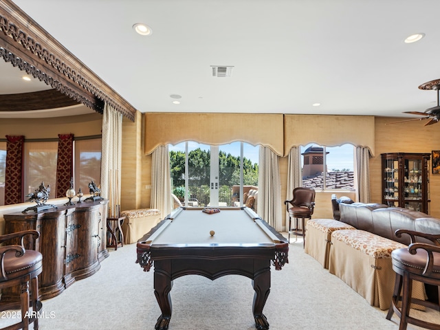 game room with carpet floors, french doors, visible vents, and recessed lighting