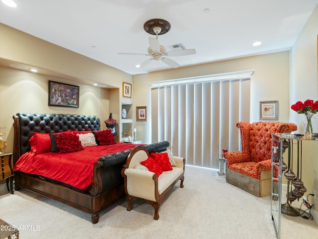 bedroom with a ceiling fan, recessed lighting, light carpet, and visible vents