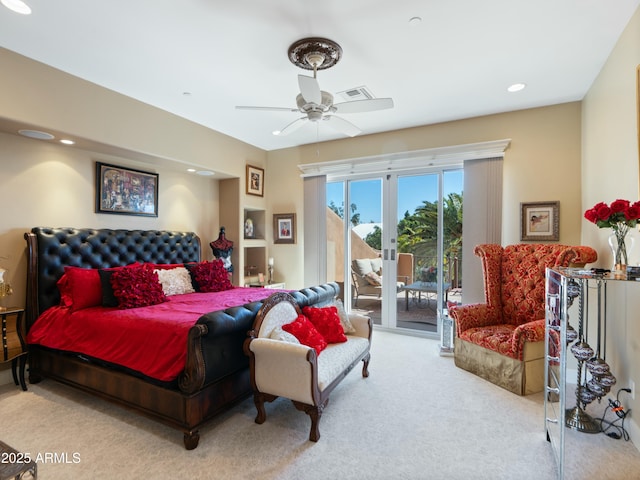 bedroom featuring ceiling fan, recessed lighting, light carpet, visible vents, and access to exterior