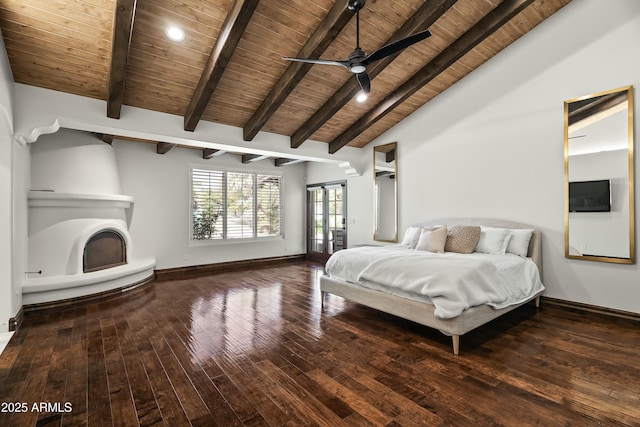 5740 N Casa Blanca Dr, Paradise Valley, AZ 85253 - unfurnished bedroom with access to outside, baseboards, wood ceiling, hardwood / wood-style flooring, and vaulted ceiling with beams