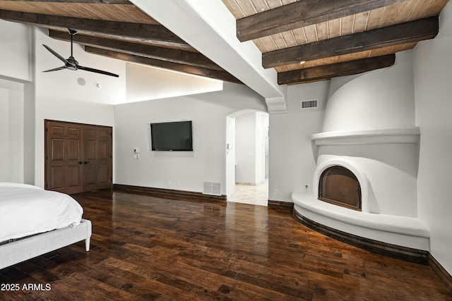 5740 N Casa Blanca Dr, Paradise Valley, AZ 85253 - unfurnished bedroom with arched walkways, visible vents, wood-type flooring, wooden ceiling, and baseboards