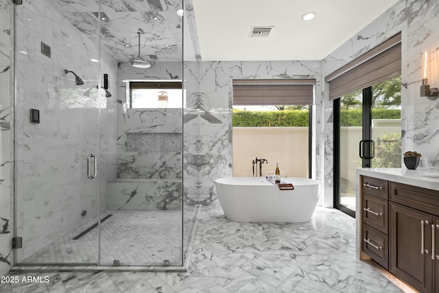 5740 N Casa Blanca Dr, Paradise Valley, AZ 85253 - full bathroom with a marble finish shower, marble finish floor, visible vents, and a wealth of natural light