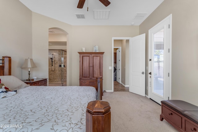 bedroom with access to outside, light colored carpet, and ceiling fan