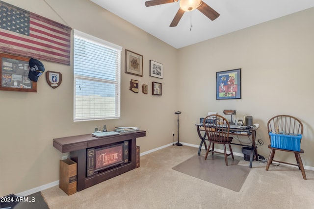 office space featuring carpet floors and ceiling fan