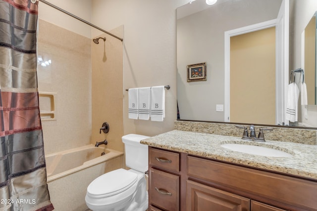 full bathroom with vanity, toilet, and shower / bath combination with curtain