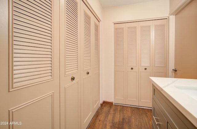 bathroom featuring hardwood / wood-style flooring and vanity